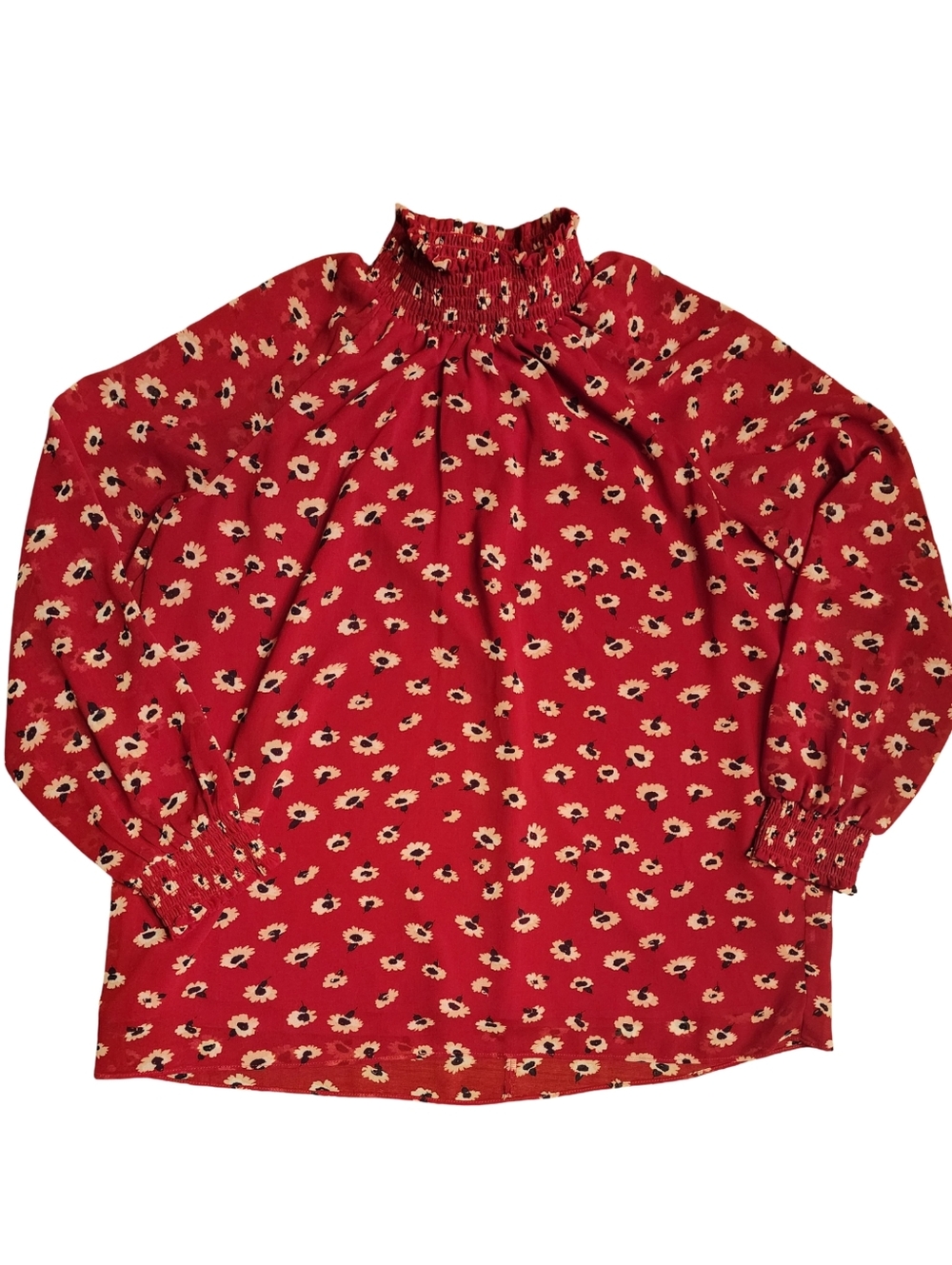 MADEWELL Mistlight Mock Neck Seattle Floral Red Smocked Long Sleeve Blouse Sz S